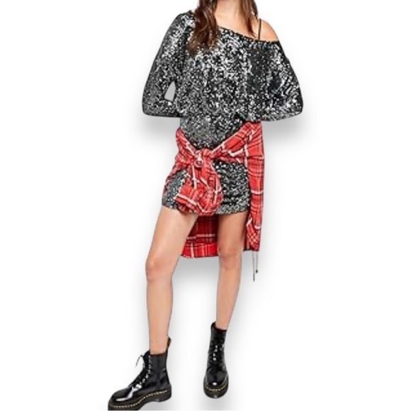 FREE PEOPLE Sequin GISELLE Drawstring Ruche Hem Graphite Mini Dress Medium NWT - Picture 3 of 11